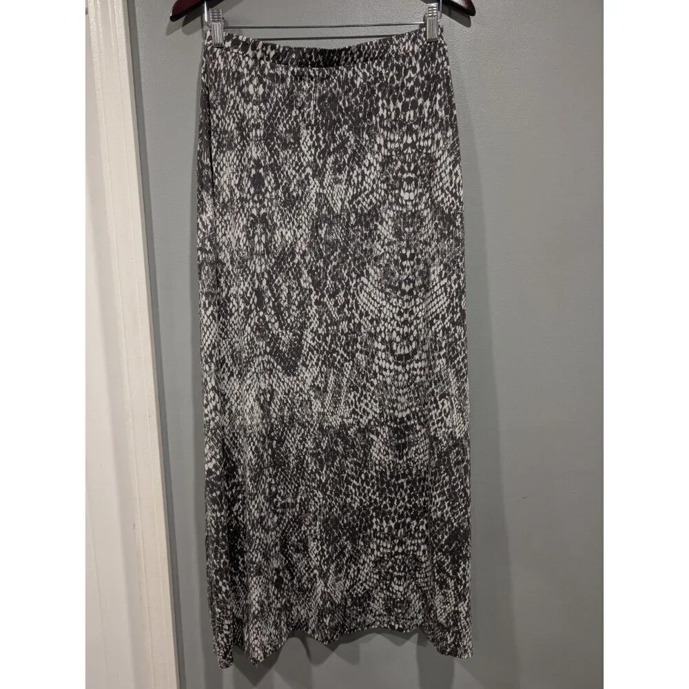 Garnet Hill Women's Gray White Stretchy Maxi Skirt High Side Slit Waist Tie Sz S